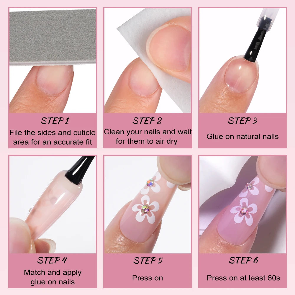 Wholesale Diy French Nail Art Design Press on Nail Long Coffin 3D Diamond Flower Luxury French Press on Nails with Jelly Glue