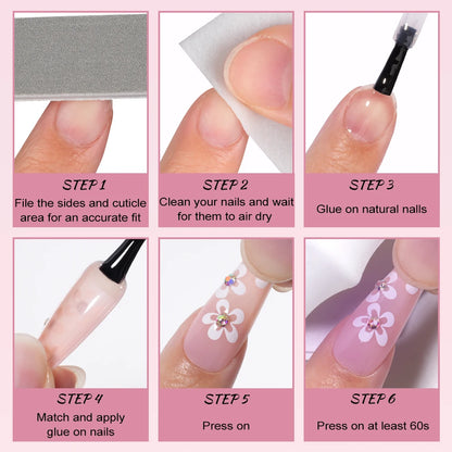 Wholesale Diy French Nail Art Design Press on Nail Long Coffin 3D Diamond Flower Luxury French Press on Nails with Jelly Glue