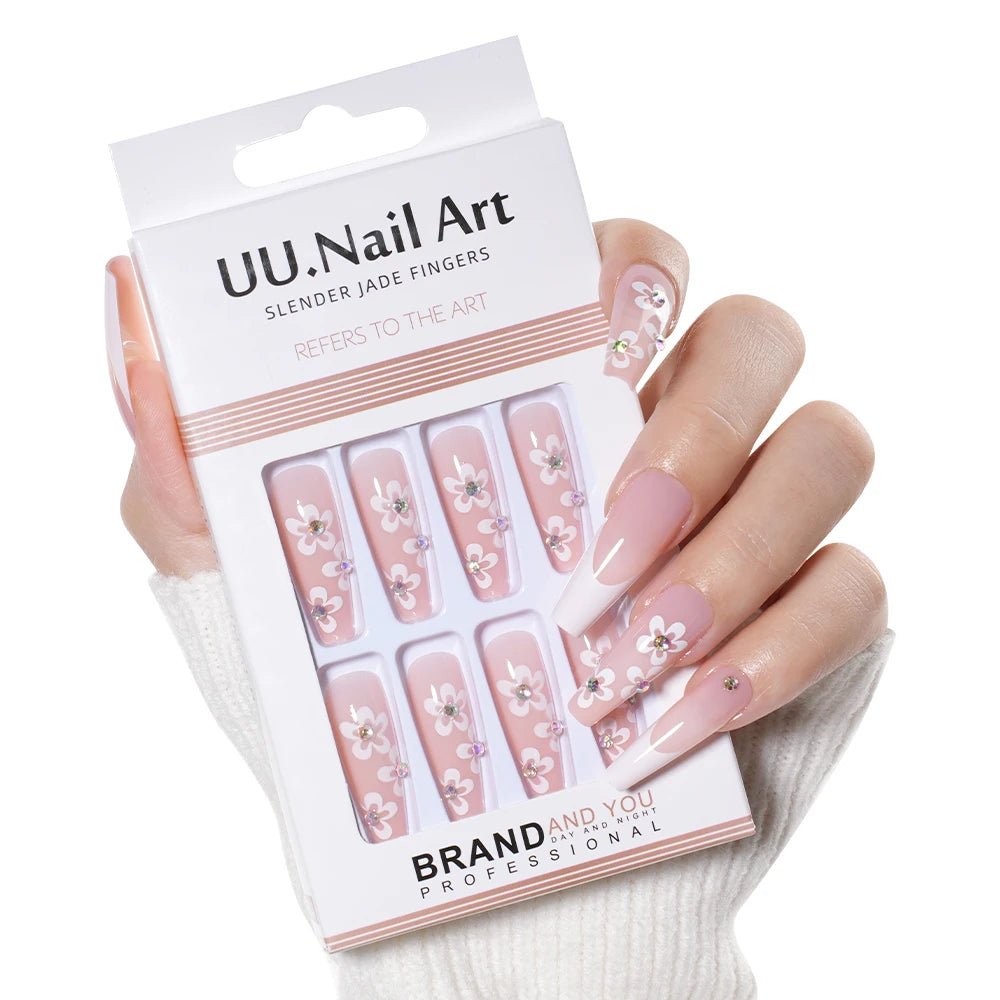 Wholesale Diy French Nail Art Design Press on Nail Long Coffin 3D Diamond Flower Luxury French Press on Nails with Jelly Glue