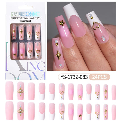 Manufacturer Direct Supply 24pcs Luxury Decorated False Nails Long Coffin Handmade 3d Gel Nail Art French Press on Nails