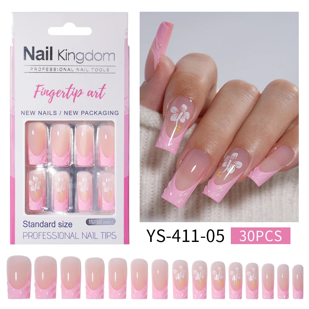Nail Supplier Custom 30PCS Acrylic Designed Press on Nails Art Handmade Medium Square 3D Flower Gel French Press on Nails