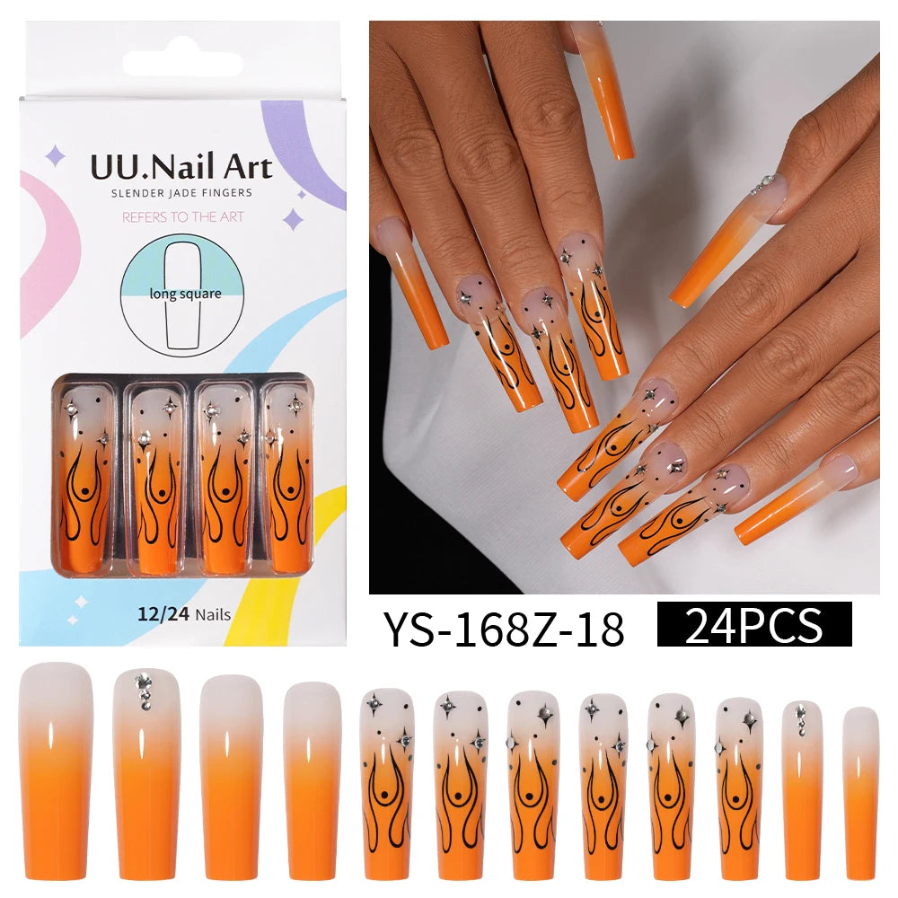 Private Label Wholesale Custom 24pcs French Style Press on Nail Long Square Rhinestone Luxury Press on Nails With Diamond