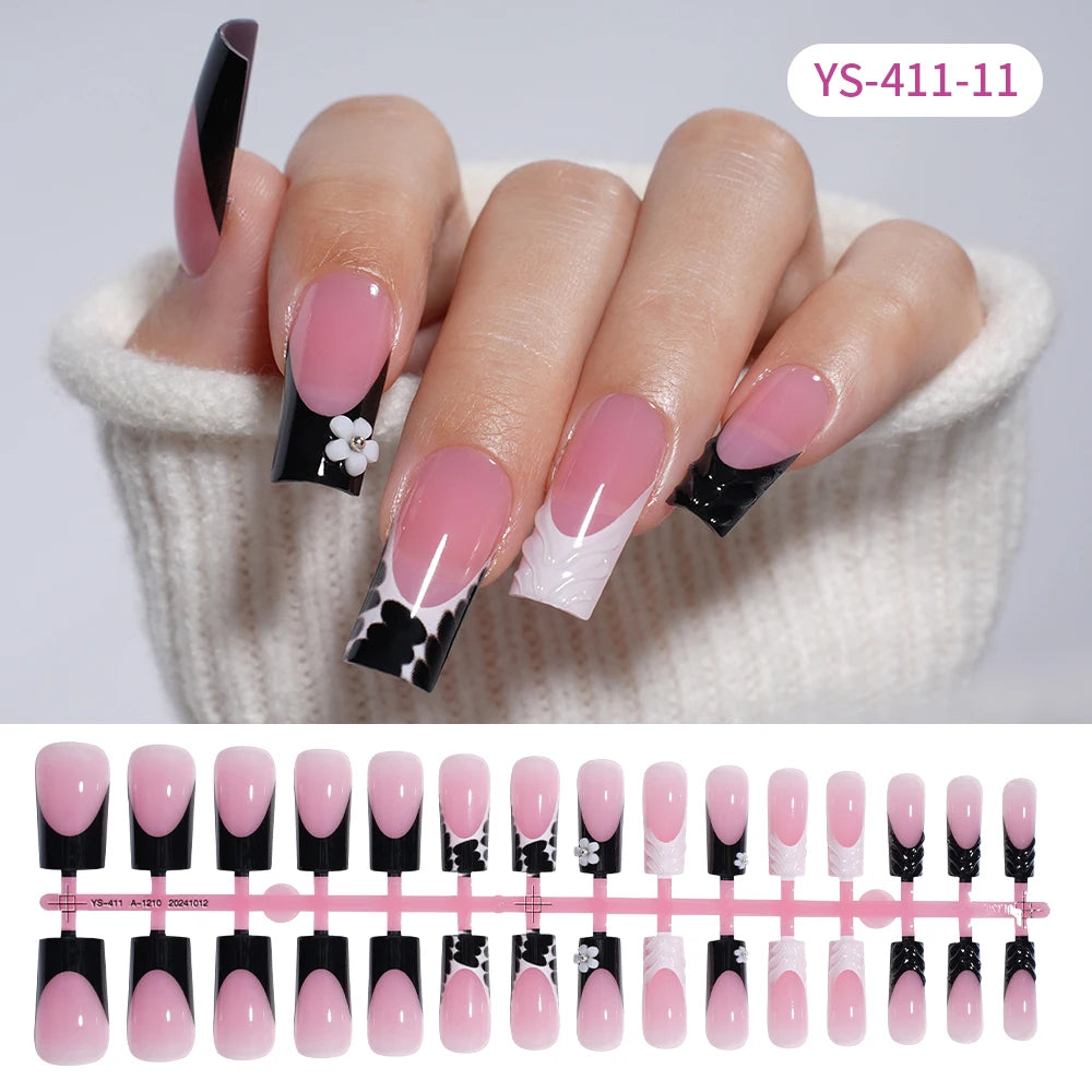 Custom Designed Luxury Diamond False Nails Full Cover Medium Square Handmade 3D Flower Rhinestone Gel French Press on Nails