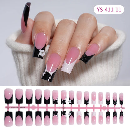 Custom Designed Luxury Diamond False Nails Full Cover Medium Square Handmade 3D Flower Rhinestone Gel French Press on Nails