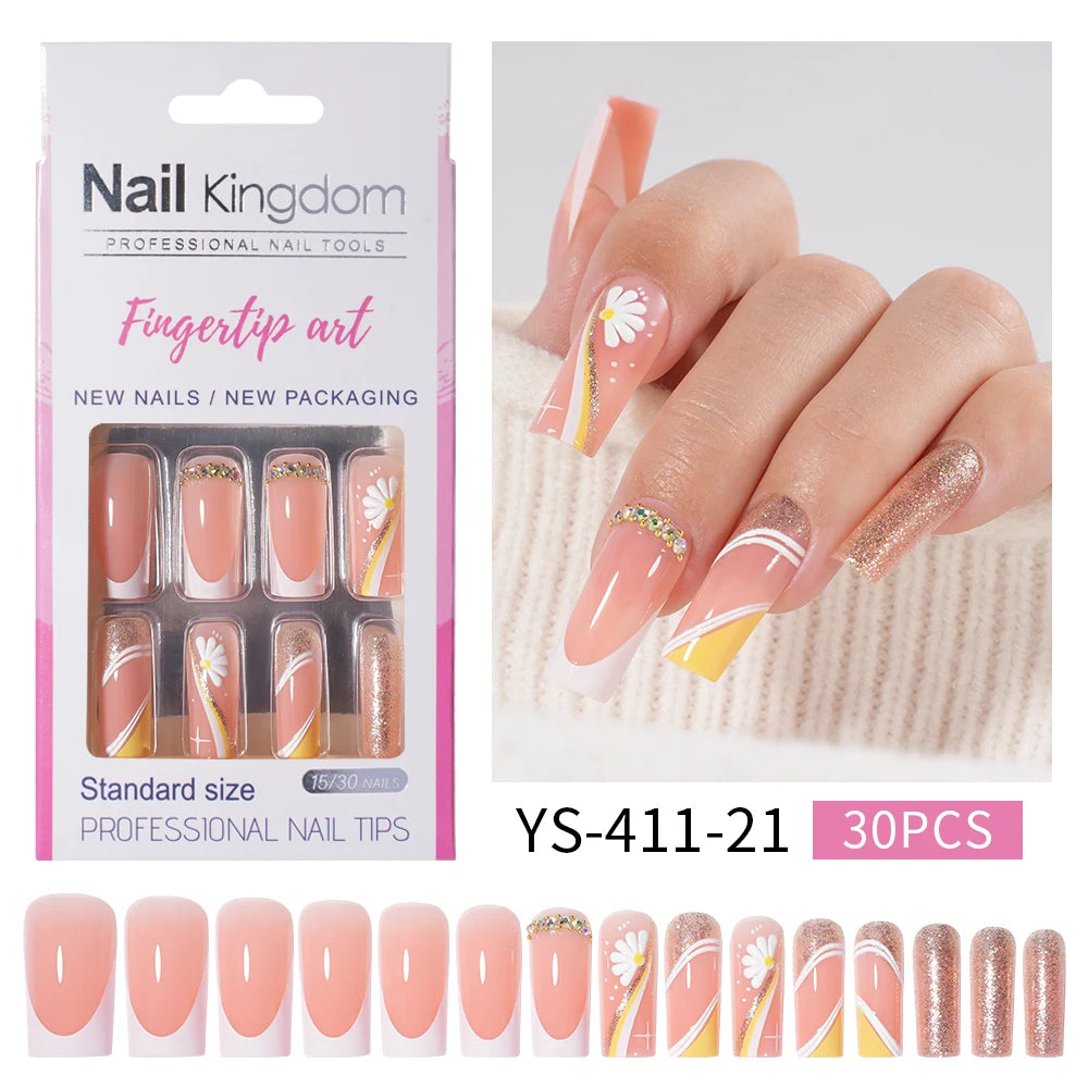 Nail Supplier Custom 30PCS Acrylic Designed Press on Nails Art Handmade Medium Square 3D Flower Gel French Press on Nails