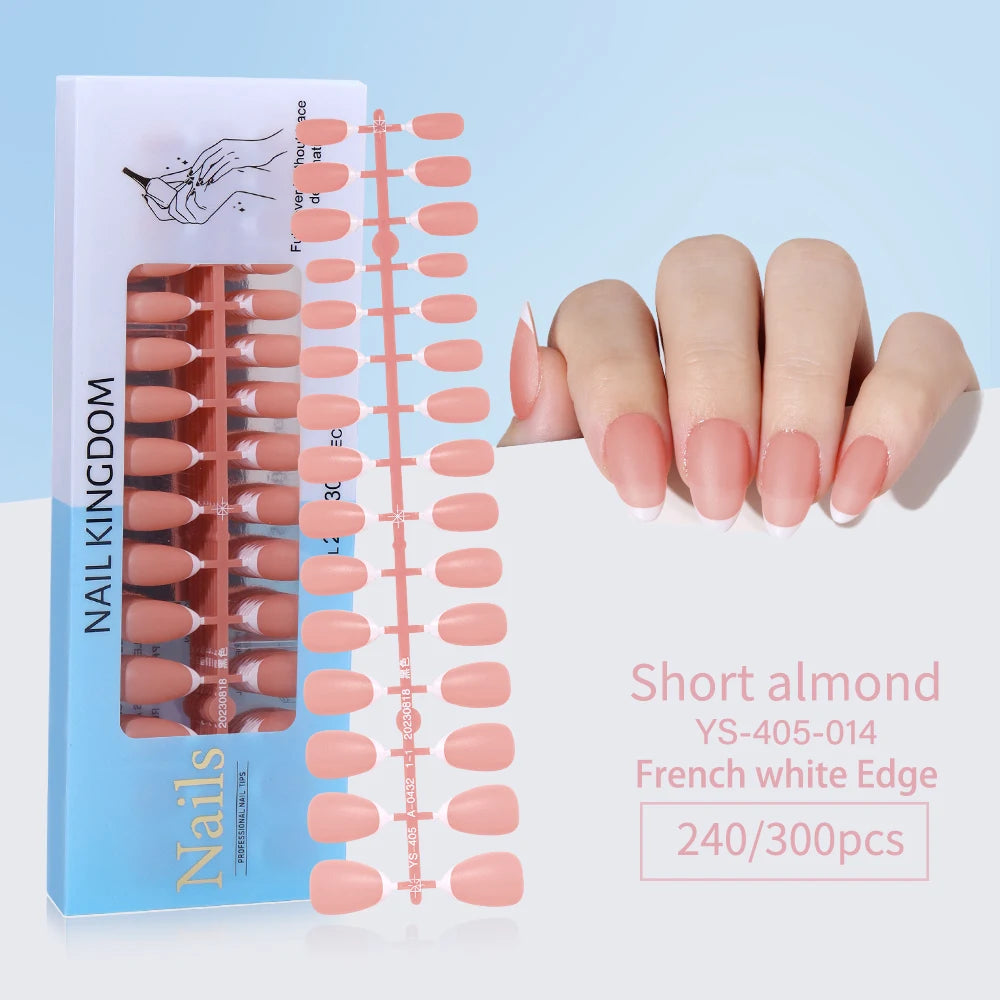 240pcs French Gel X Tips Press on Long Almond False Nails Premade Designed X Coat Tips Full Cover French Tip Press on Nails