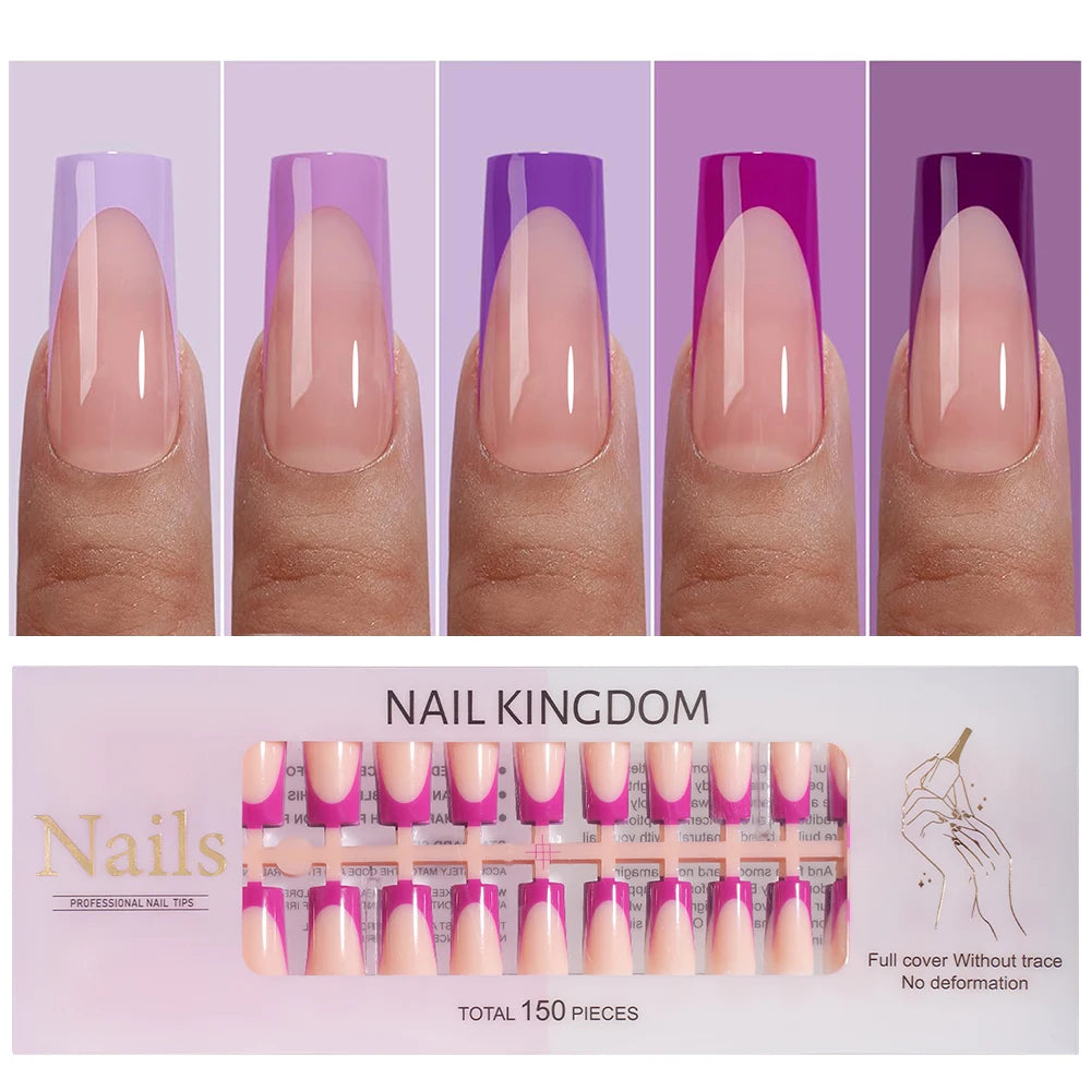 150PCS French Tip Press-On Nail Art Long Square Almond Full Cover Purple Solid Color for Finger Application Nail Supplier