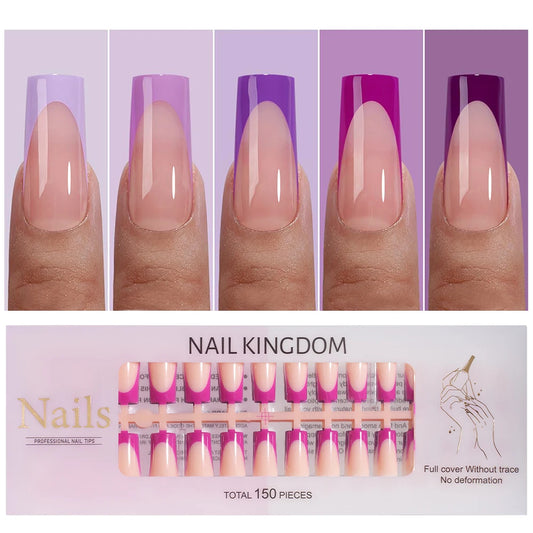 150PCS French Tip Press-On Nail Art Long Square Almond Full Cover Purple Solid Color for Finger Application Nail Supplier