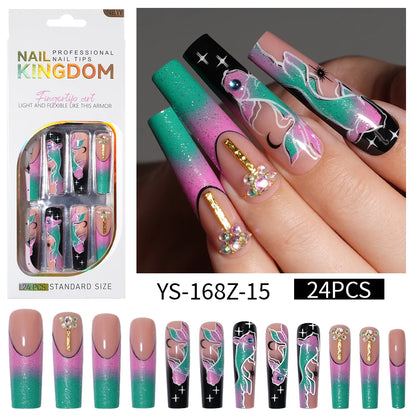 Private Label Wholesale Custom 24pcs French Style Press on Nail Long Square Rhinestone Luxury Press on Nails With Diamond