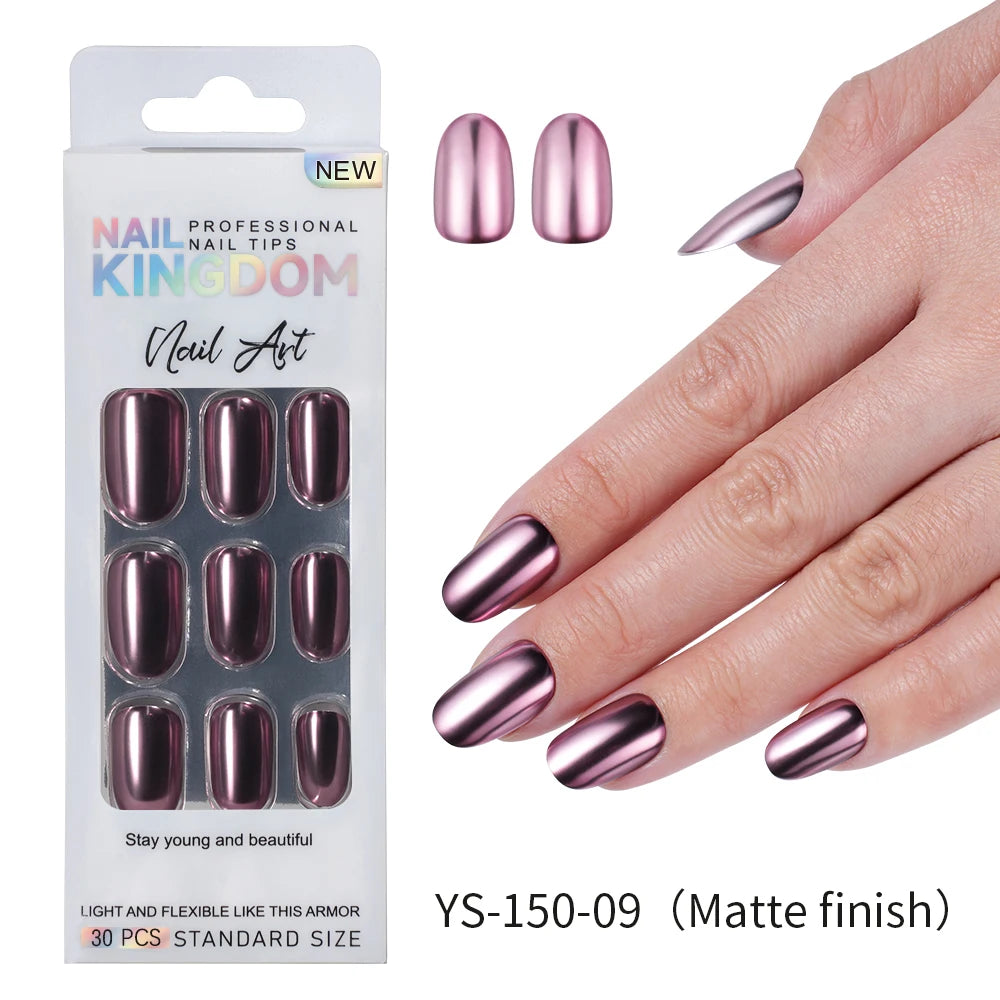 Custom Private Label 24pcs Short Round Solid Color Glittery Mirror False Nails Matte or Mirror Effect Press on Nails Set