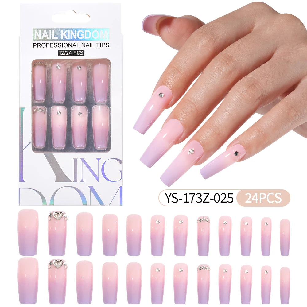 Manufacturer Direct Supply 24pcs Luxury Decorated False Nails Long Coffin Handmade 3d Gel Nail Art French Press on Nails