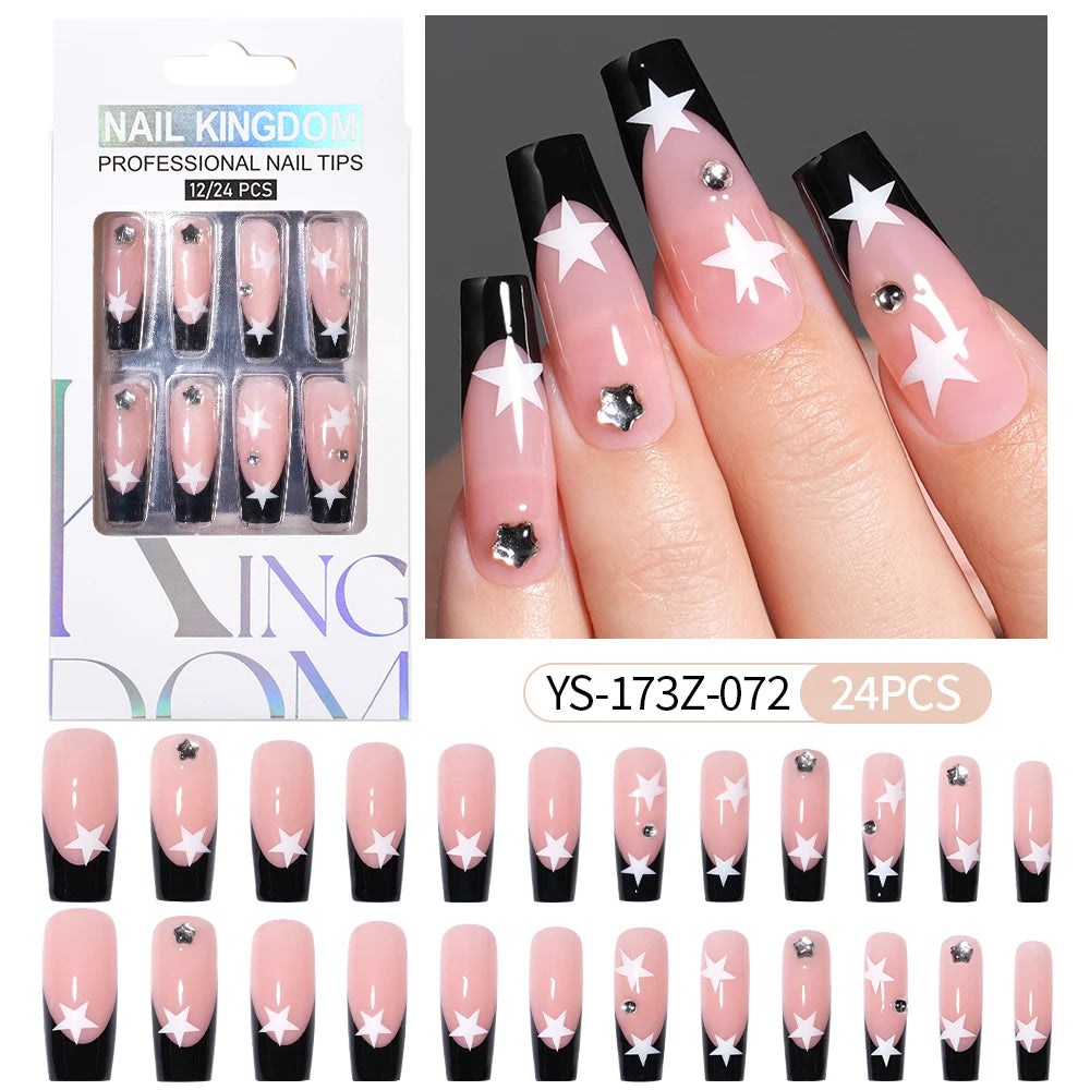Manufacturer Direct Supply 24pcs Luxury Decorated False Nails Long Coffin Handmade 3d Gel Nail Art French Press on Nails