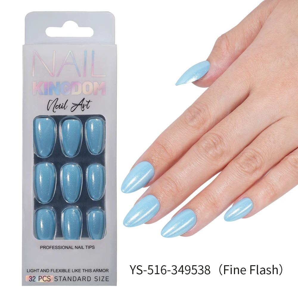 Nail Factory Custom 32pcs/30pcs Handmade Gel Nails Press on Full Cover Solid Color Aurora Glitter Almond Press on Nail Tips