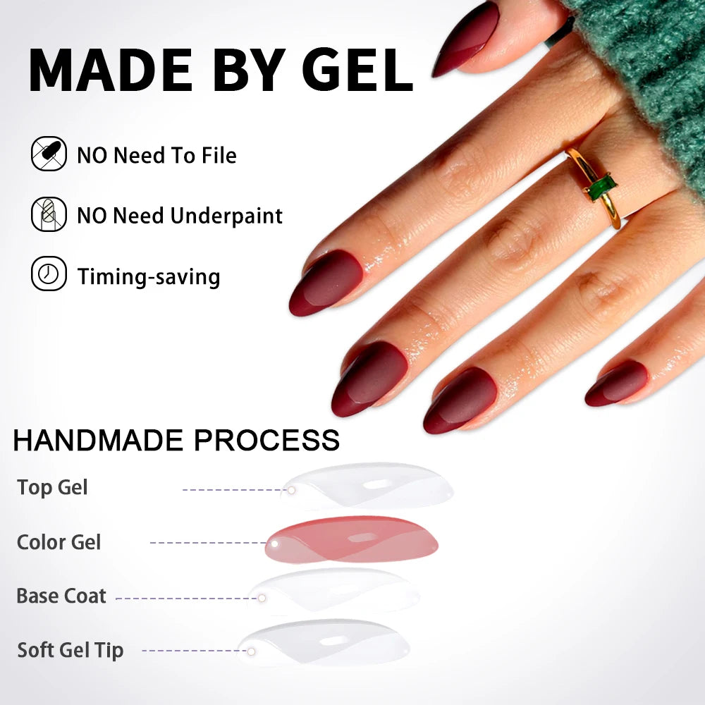 Wholesale 128PCS French Nails Press on Red Black Pink Solid Color Short Almond Half Matte Press on Nails French Glitter Tip