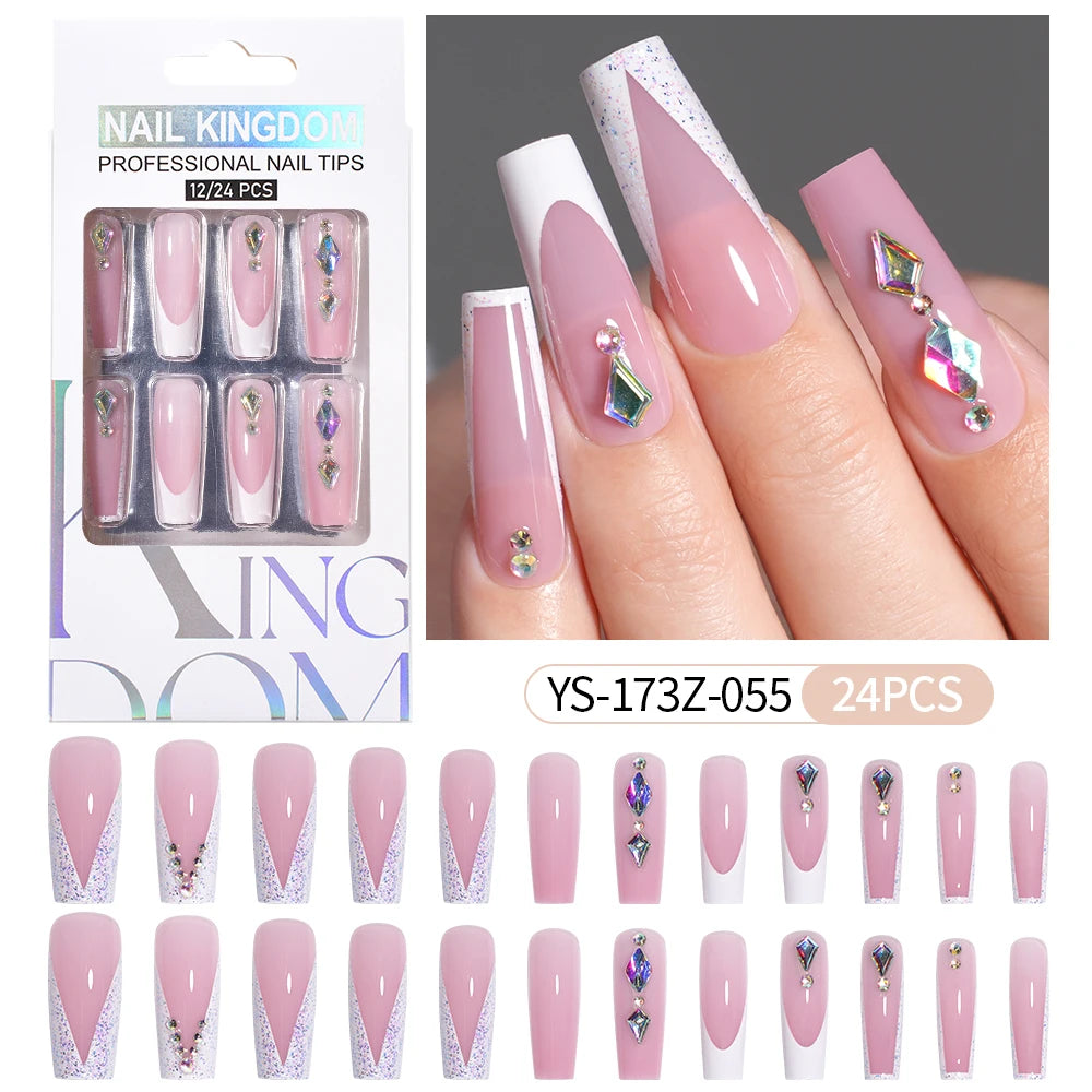 Manufacturer Direct Supply 24pcs Luxury Decorated False Nails Long Coffin Handmade 3d Gel Nail Art French Press on Nails