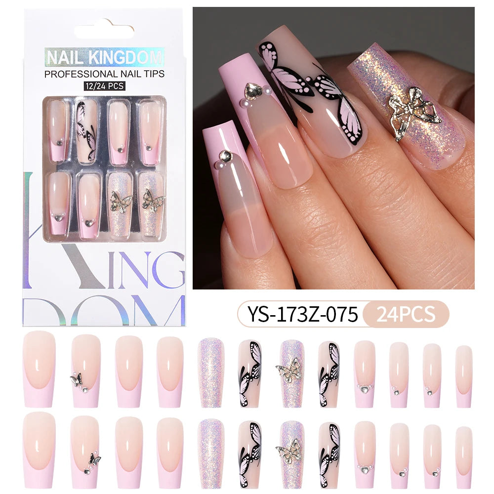 Manufacturer Direct Supply 24pcs Luxury Decorated False Nails Long Coffin Handmade 3d Gel Nail Art French Press on Nails