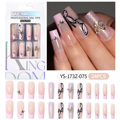 Manufacturer Direct Supply 24pcs Luxury Decorated False Nails Long Coffin Handmade 3d Gel Nail Art French Press on Nails