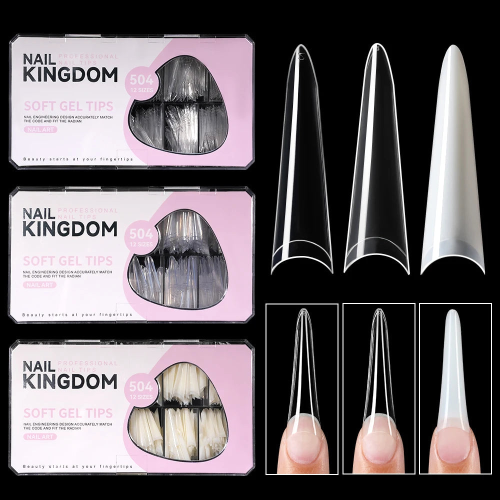 New Design OEM Long Stiletto False Nails 504pcs 12sizes Half Cover Soft Gel Traceless Natural Clear XXL Stiletto Nail Tips