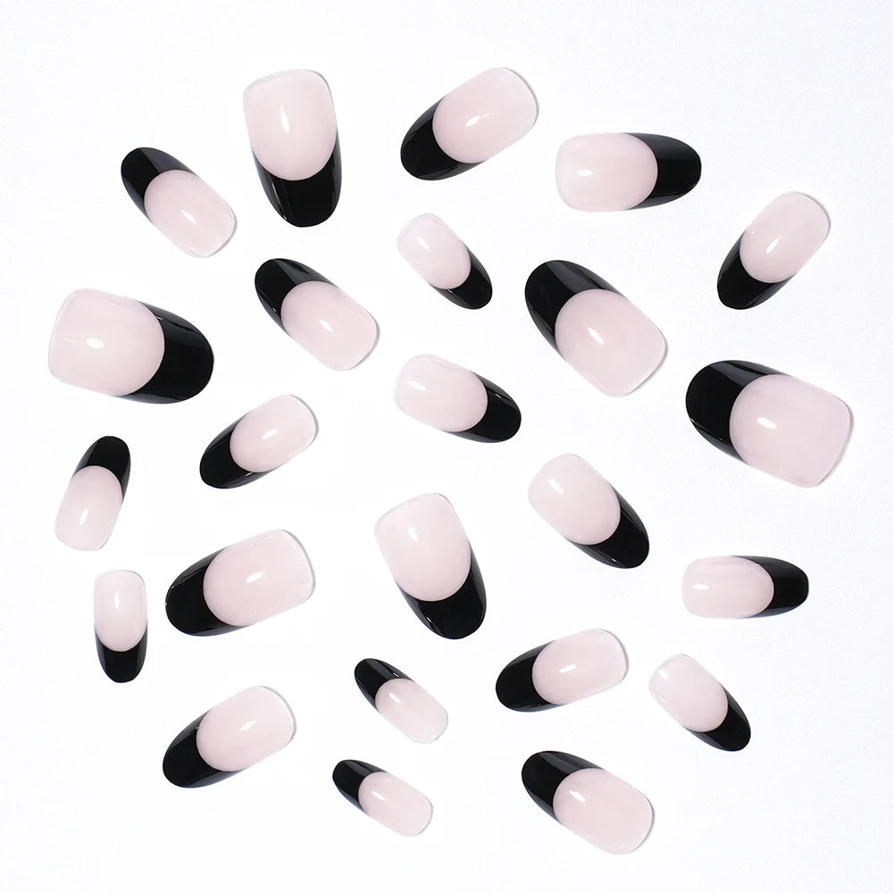 Custom 24PCS French Nails Press on Nude Color Handmade Short Round Acrylic Press on Nails French Black Tip