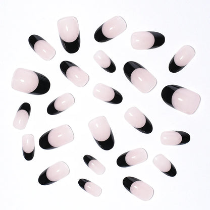 Custom 24PCS French Nails Press on Nude Color Handmade Short Round Acrylic Press on Nails French Black Tip