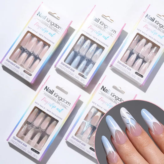 Wholesale 24pcs Custom Nail Art Salon Soft Gel Handmade Press on Nails Kit French Tip Manicure Acrylic Stick on Nails