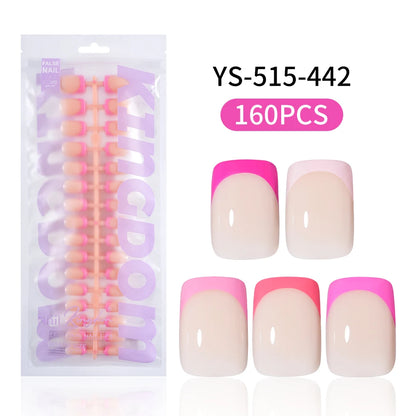 Nail Supplier 150PCS Pink French Tip Wearable Nail Long Short Square Almond Full Cover Pink Solid Color French Press on Nail