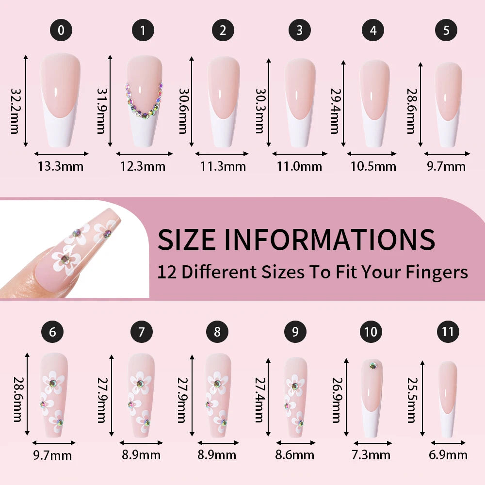 Wholesale Diy French Nail Art Design Press on Nail Long Coffin 3D Diamond Flower Luxury French Press on Nails with Jelly Glue