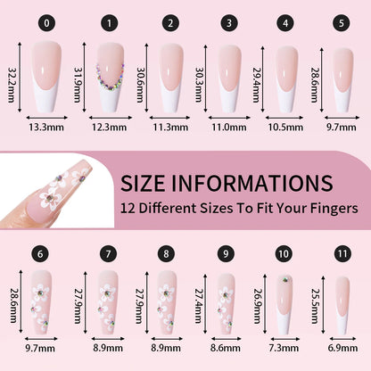 Wholesale Diy French Nail Art Design Press on Nail Long Coffin 3D Diamond Flower Luxury French Press on Nails with Jelly Glue
