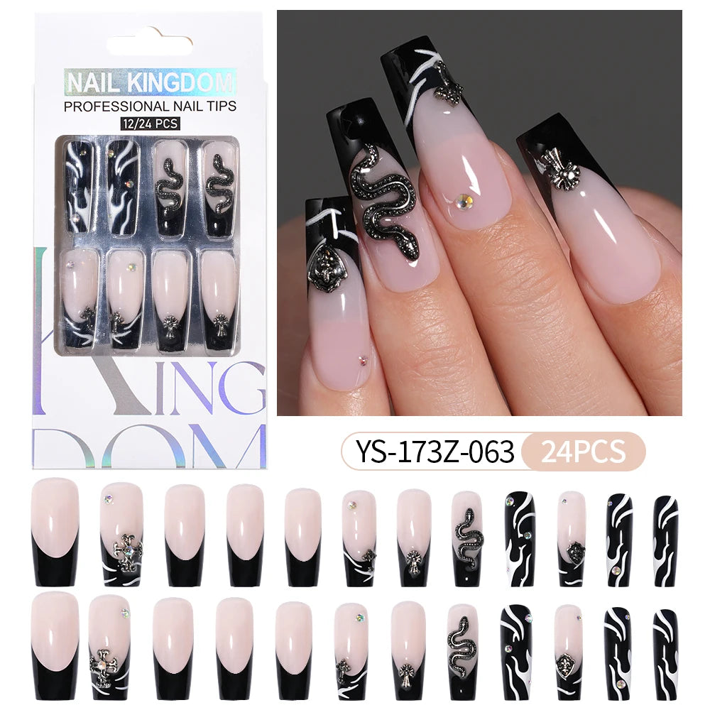 Manufacturer Direct Supply 24pcs Luxury Decorated False Nails Long Coffin Handmade 3d Gel Nail Art French Press on Nails