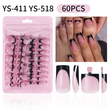 Factory Fake French Toenails Hand Nails Set 60pcs French White Black Tips Square French Soft Press on Acrylic Nails Set