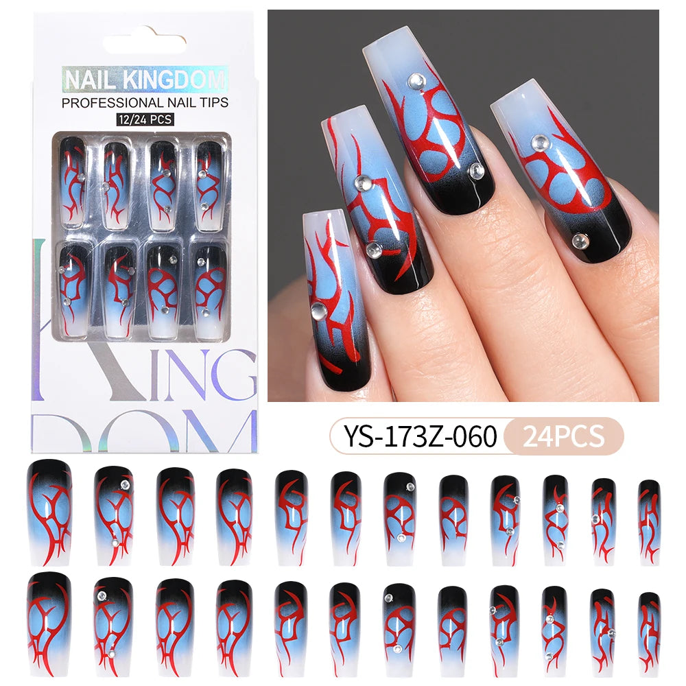Manufacturer Direct Supply 24pcs Luxury Decorated False Nails Long Coffin Handmade 3d Gel Nail Art French Press on Nails