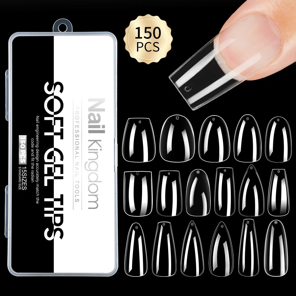 Wholesale False Nail Art Tips 15 Size Full Cover Traceless Transparent Clear Coffin Stiletto Square Almond Soft Gel Nail Tips