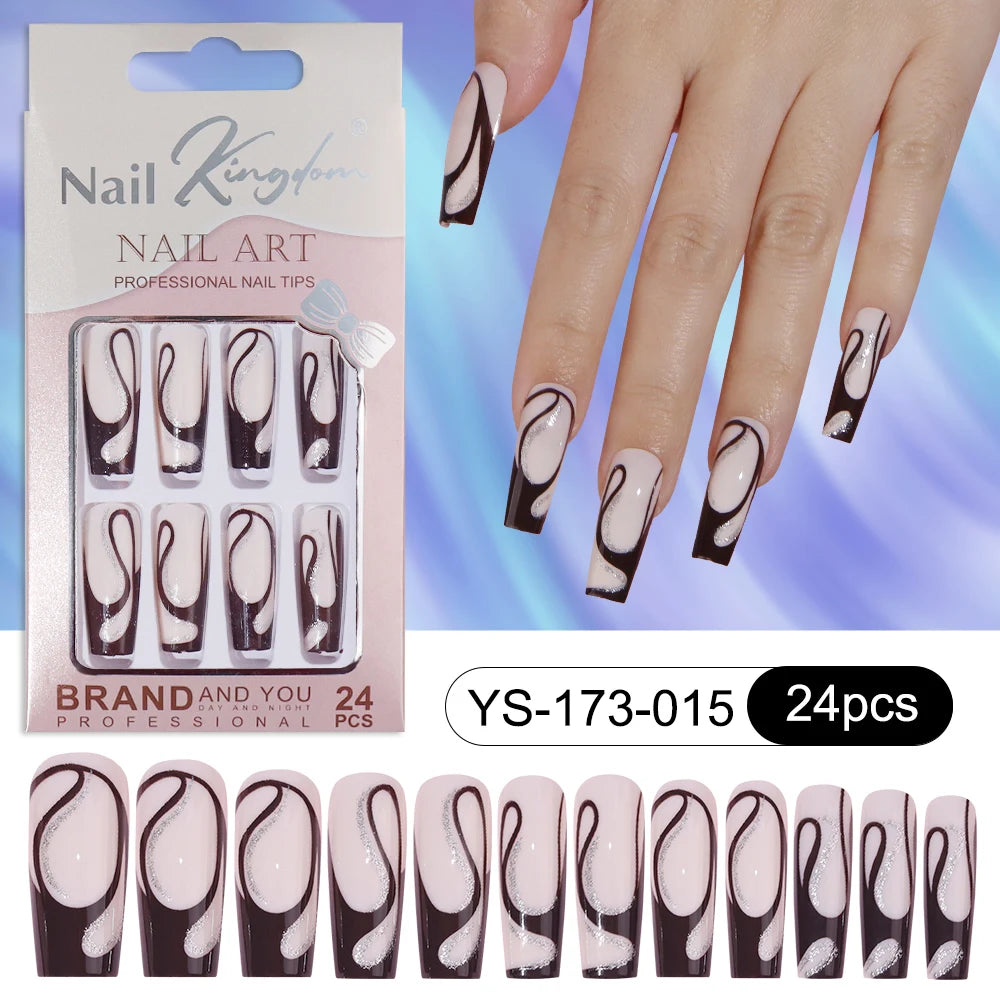Wholesale Custom 24pcs Reusable Handmade Long Square Luxury French Tip Press on Nails for Nails Supplies Salon with Nail Tools