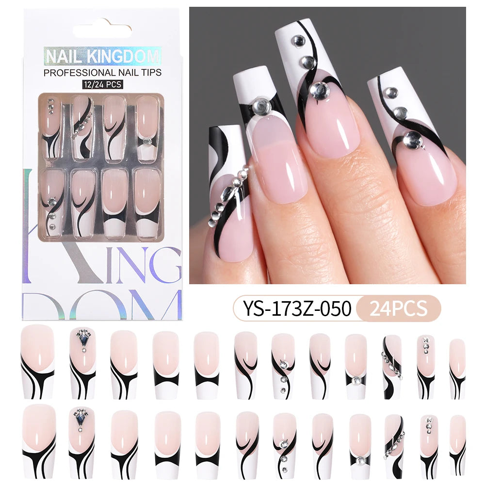 Manufacturer Direct Supply 24pcs Luxury Decorated False Nails Long Coffin Handmade 3d Gel Nail Art French Press on Nails