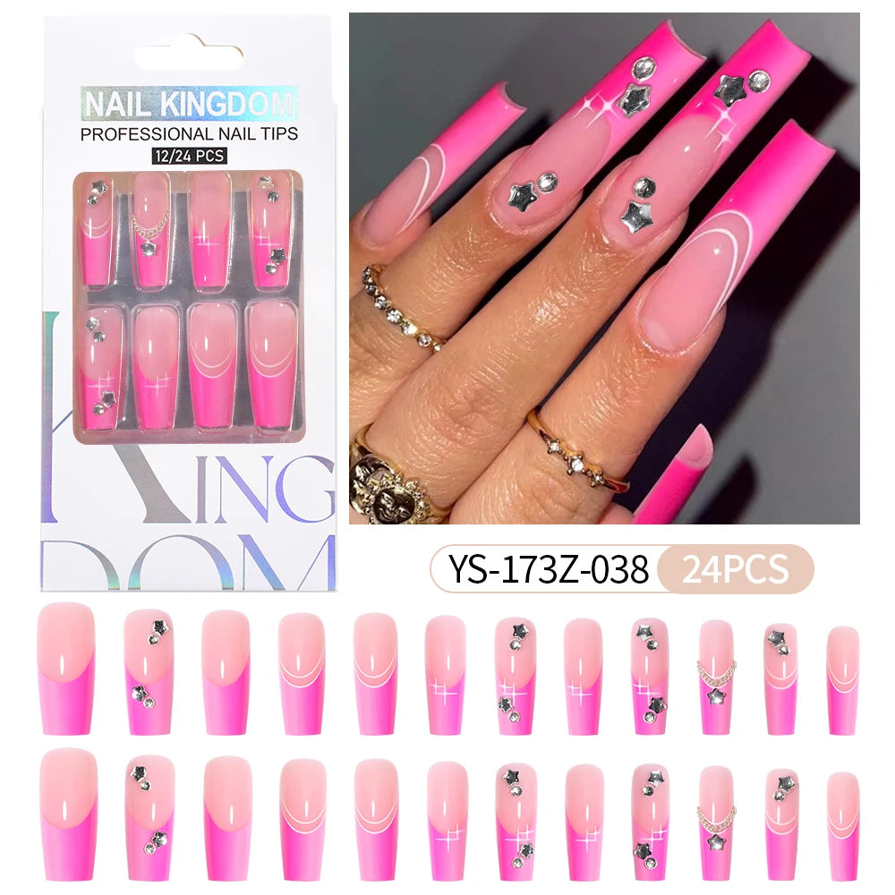 Manufacturer Direct Supply 24pcs Luxury Decorated False Nails Long Coffin Handmade 3d Gel Nail Art French Press on Nails