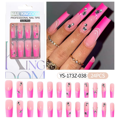 Manufacturer Direct Supply 24pcs Luxury Decorated False Nails Long Coffin Handmade 3d Gel Nail Art French Press on Nails