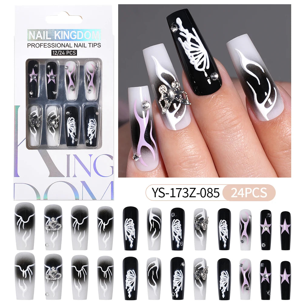 Manufacturer Direct Supply 24pcs Luxury Decorated False Nails Long Coffin Handmade 3d Gel Nail Art French Press on Nails