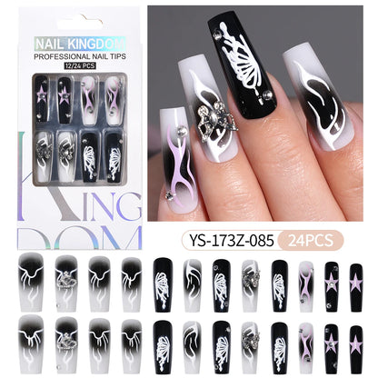 Manufacturer Direct Supply 24pcs Luxury Decorated False Nails Long Coffin Handmade 3d Gel Nail Art French Press on Nails